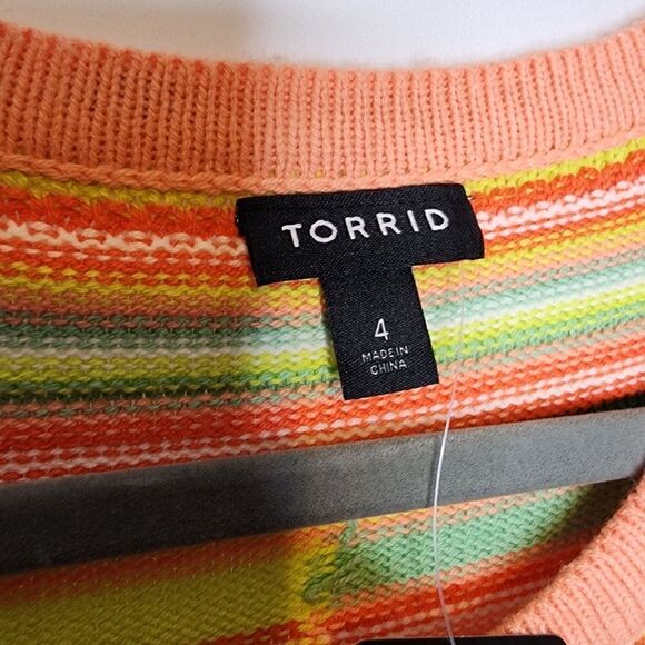 4X 26W Torrid Crochet 70s Knit Mini Sweater Dress Orange Green Sherbet Stretch - Picture 3 of 10